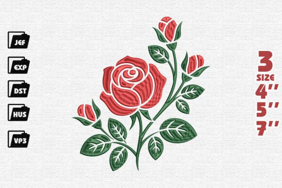 Stylized Red Rose with Buds: A Designer’s Review for Sweatshirt Embroidery